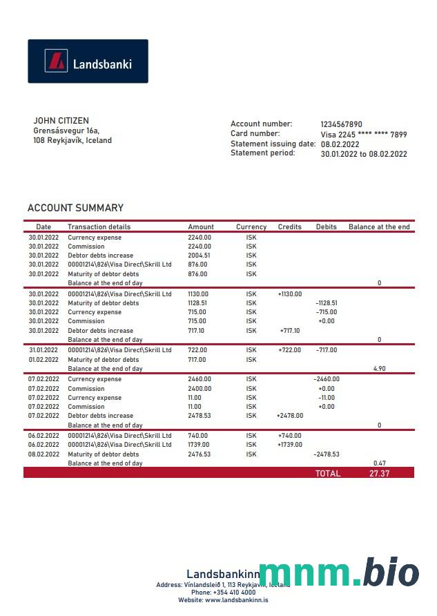Iceland Landsbankinn wyciąg bankowy XLS